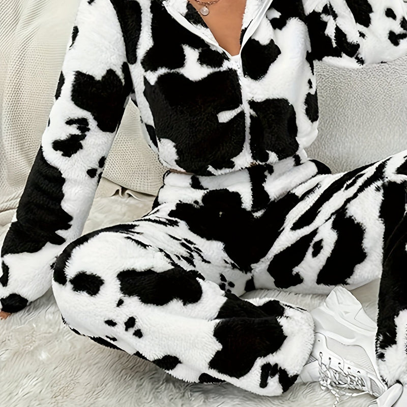 Women’s Cow-Patterned Hooded Plush Outfit.