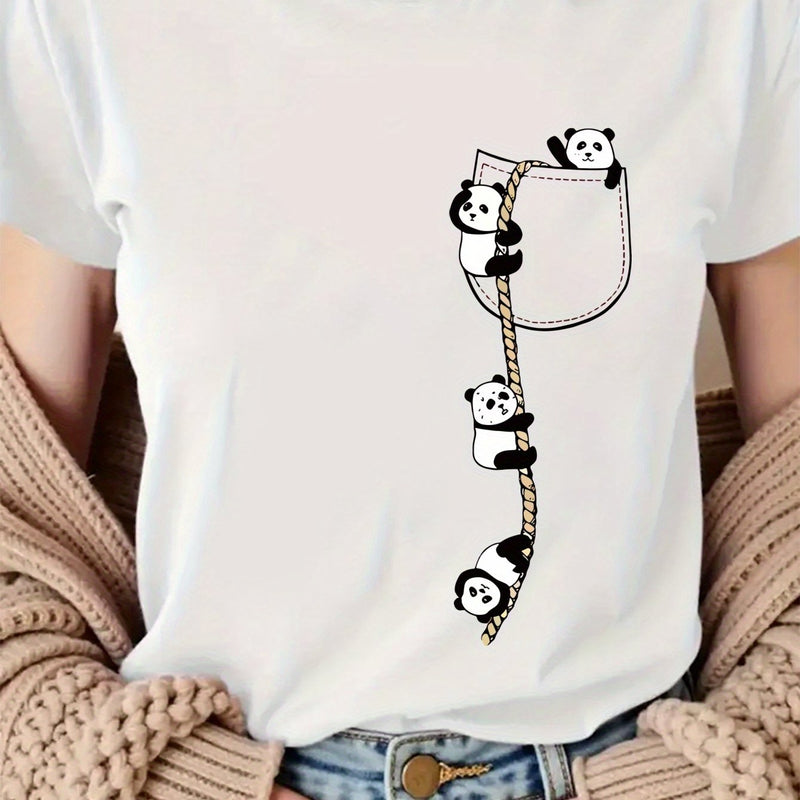 Women’s  Pocket Panda Climbing Rope Cute Pattern Print Fashion Crew Neck T-Shirt.