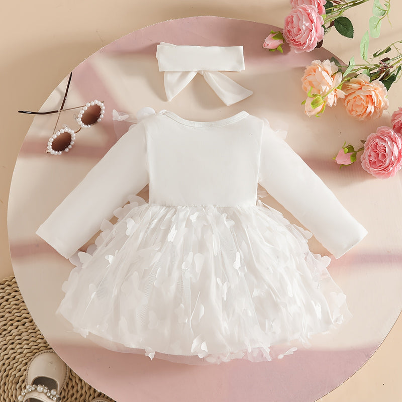 Newborn Baby Girl White Christening Gown Long-Sleeved Dress.
