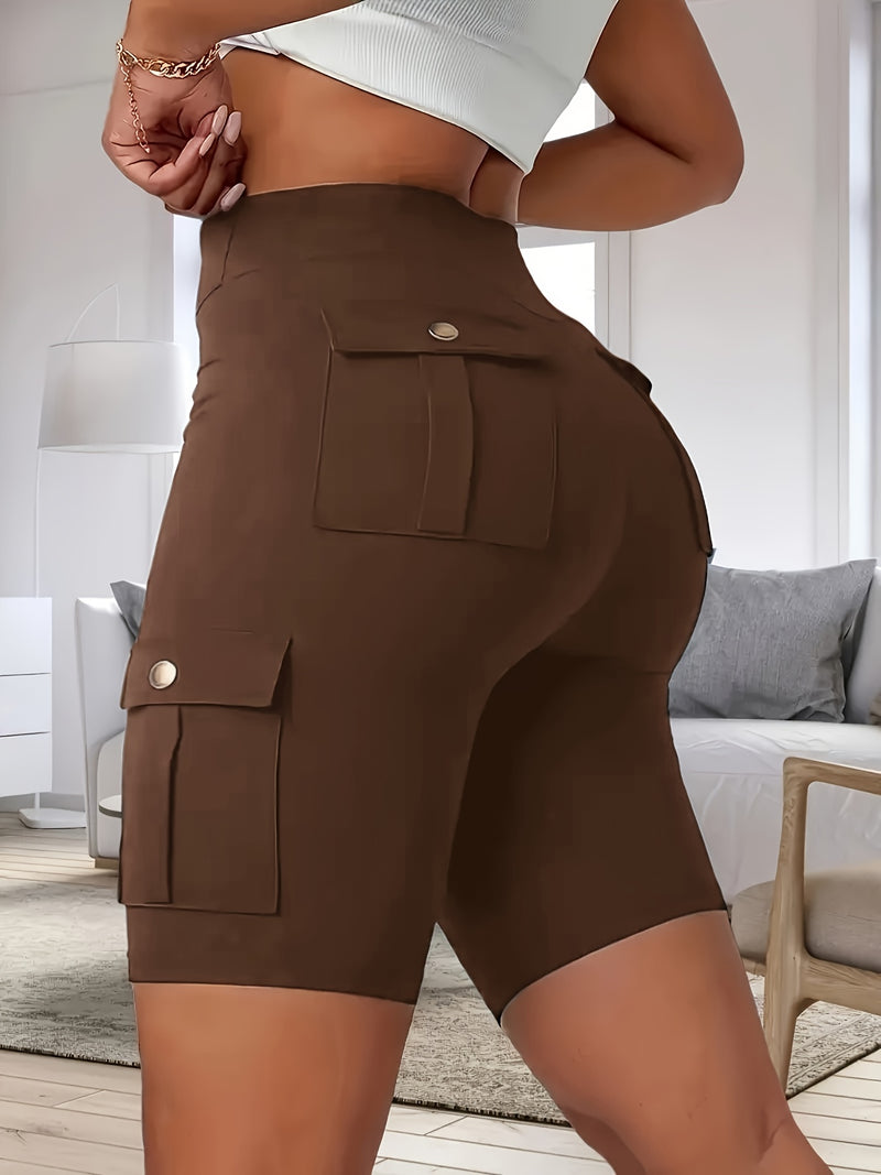 High-Waist Women's Solid Color Athletic Yoga Cargo Shorts for Exercise & Fitness.