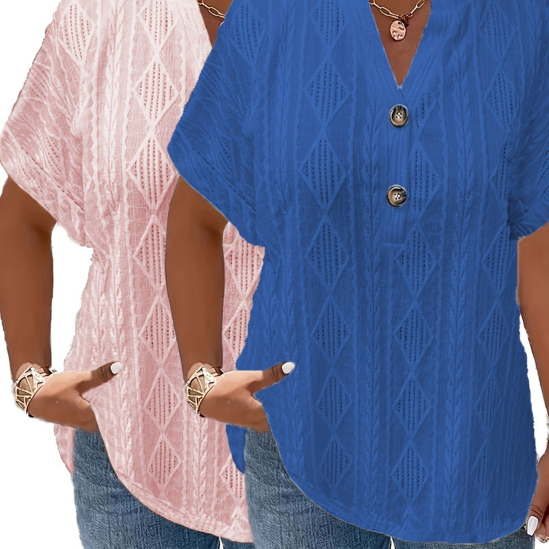 Women's Short-Sleeve V-Neck Solid Color Jacquard Hollow-Out Two-Piece T-Shirt.