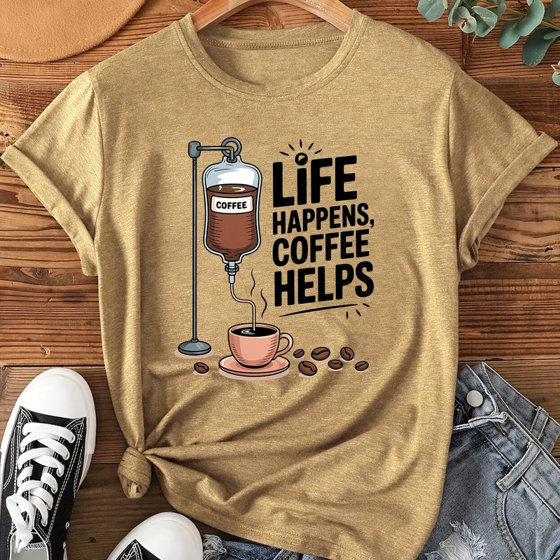 Women's Coffee-Themed T-Shirt with "Coffee Helps" Slogan.