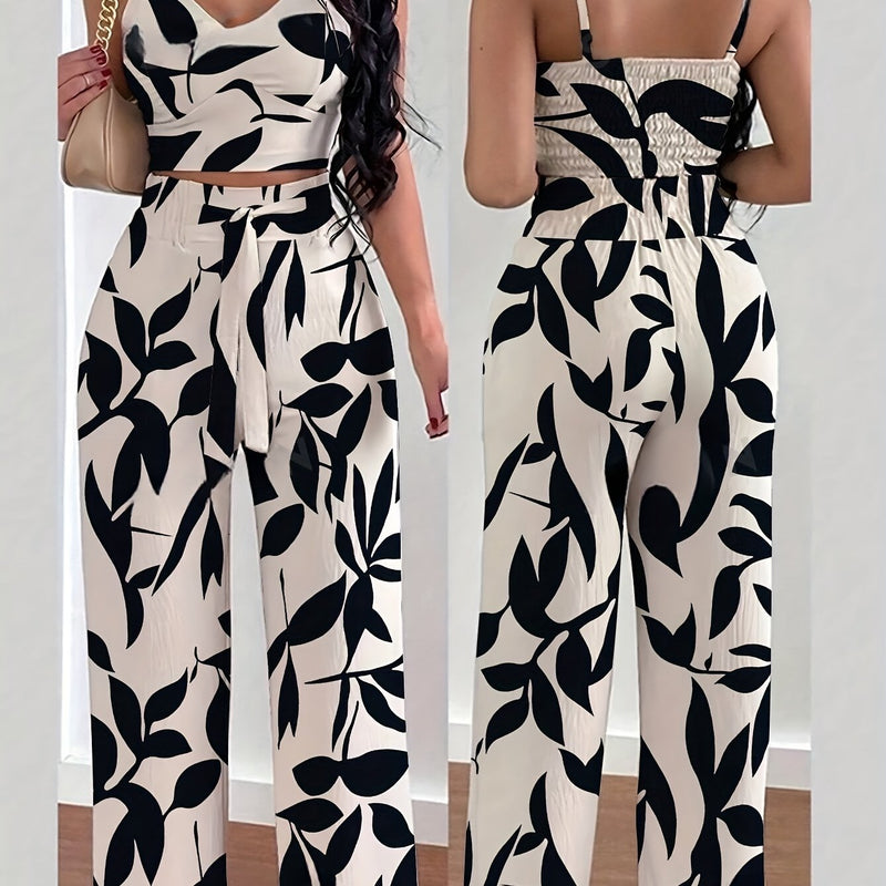 2pcs Women's Elegant Floral Print Spaghetti Strap.