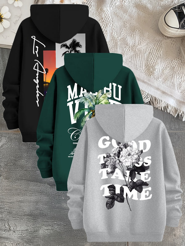 3pcs Trendy Print Sweatshirt, Men's Casual Hooded Sweatshirt.