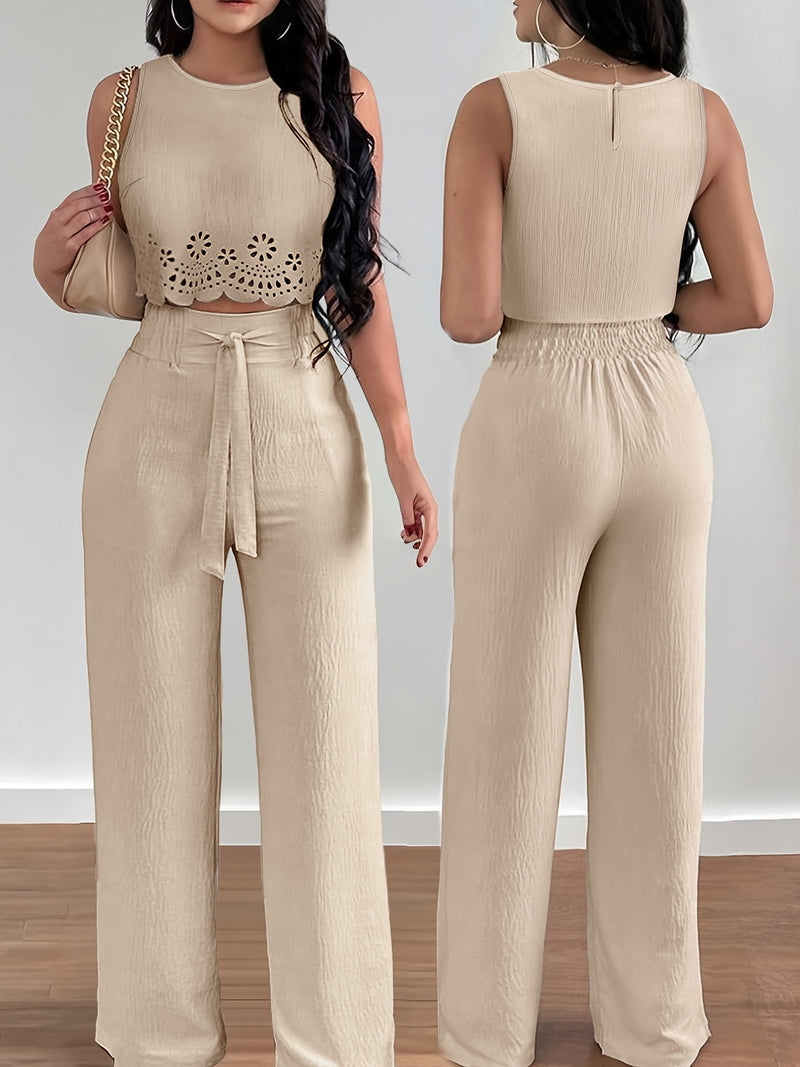 Women's Casual Pants 2pcs Set, Round Neck Sleeveless Floral Crop Top.