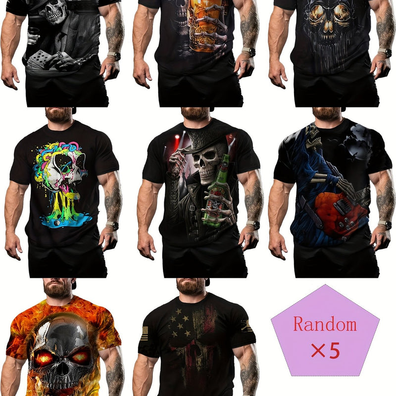 Blind Box Set of 5 Men's 3D Skull Halloween Print Random T-Shirts.