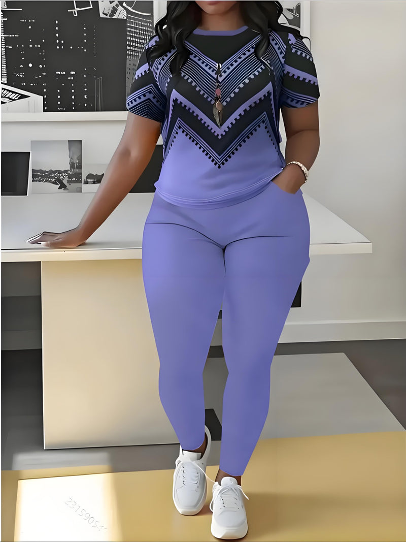 Women's Short-Sleeve Round-Neck Top And Long Pants.