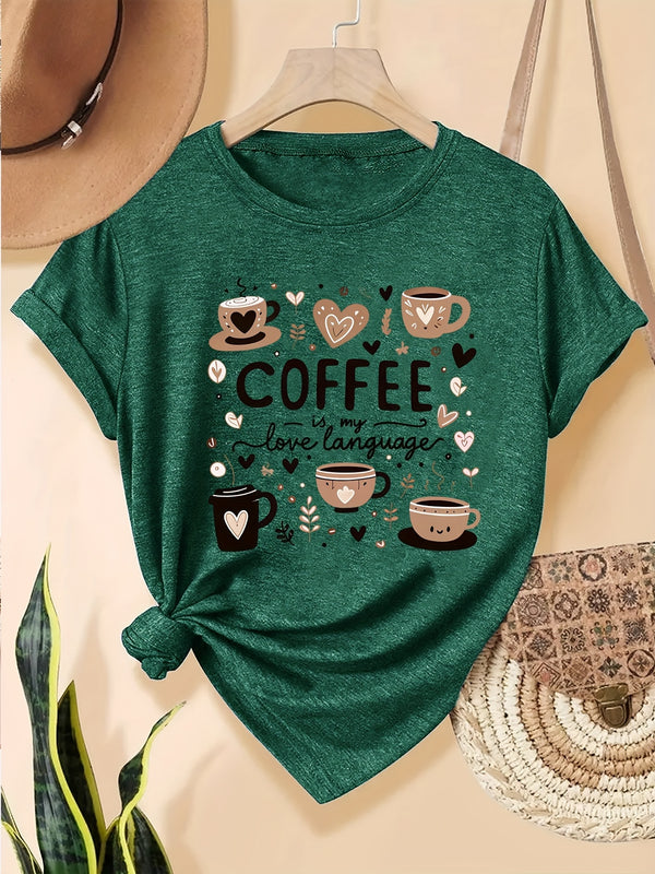 Elegant Women's Short-Sleeve T-Shirt with Coffee-Themed Prints.