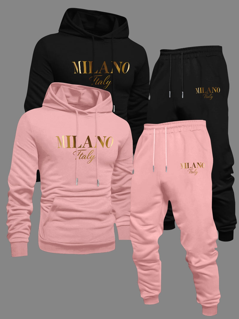 Men's Fashion Slogan Hoodie Four-Piece Set with Drawstring Elastic.