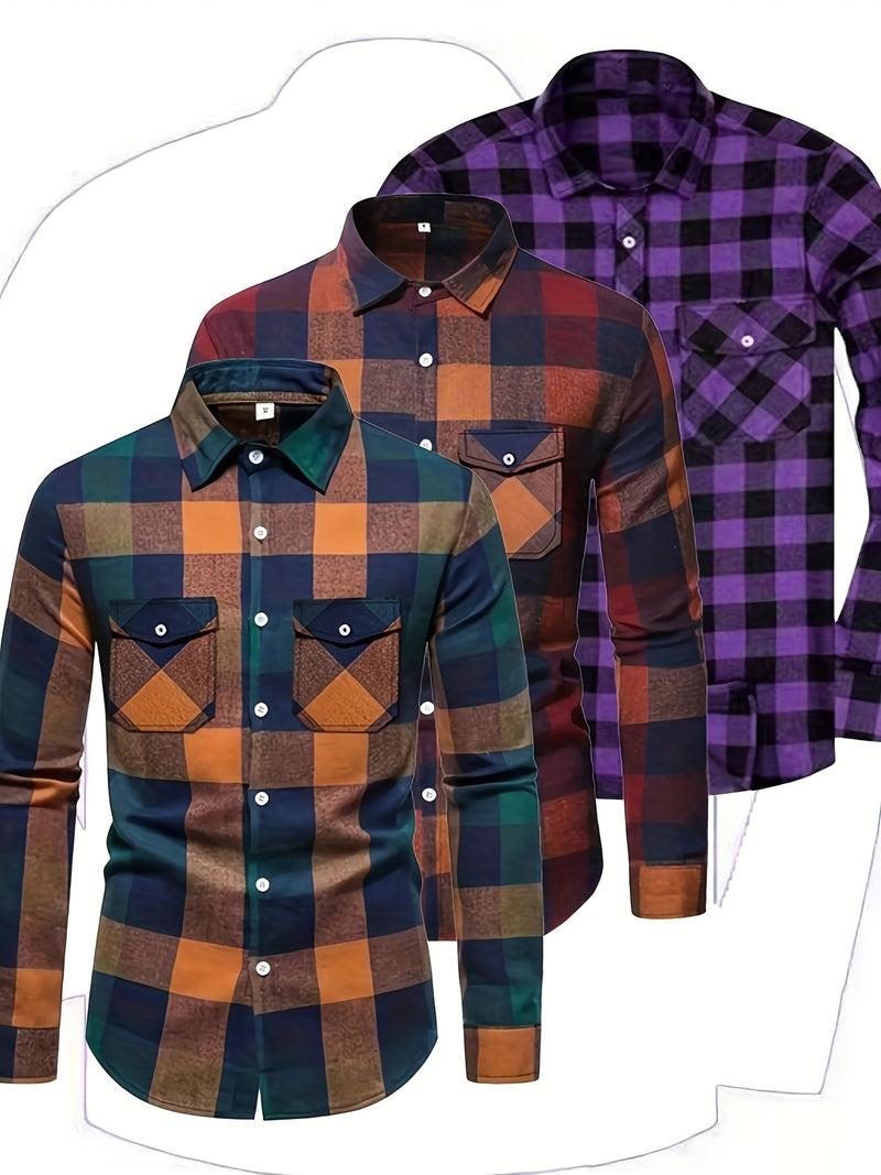 3pcs Men's Plaid Shirt Top with Turn- Collar Long Sleeve Button-Up.