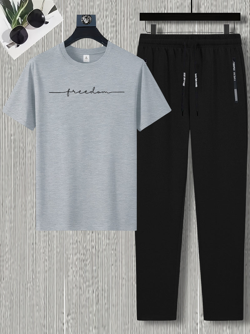 Men's Summer Design Short-Sleeve Set with Stylish Line Prints Paired.