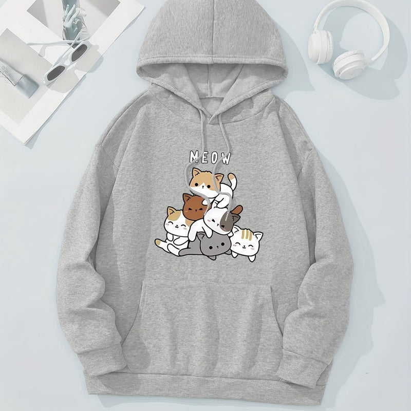 Women’s Fashion Hoodie Featuring a Cartoon Cat Letter Print Design.