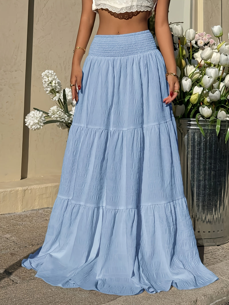 Women's Elegant Solid Color Pleated Waist A-Line Maxi Skirt.