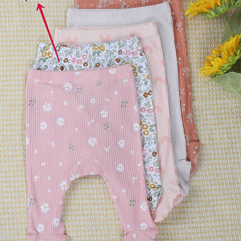 5pcs Baby Girl'S Floral Print Long Socks - Soft Cotton Ribbed Baby Pantyhose.