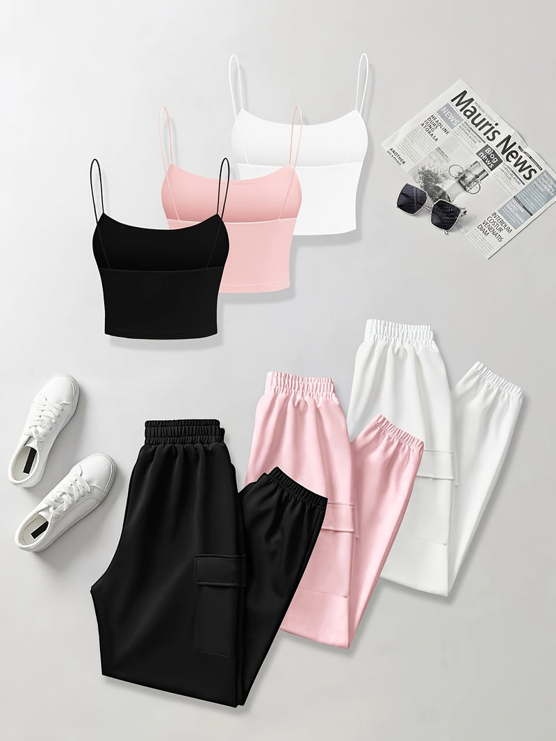 6pcs Women's Casual Short Camisole And Elastic Waist Pocket Work Pants.