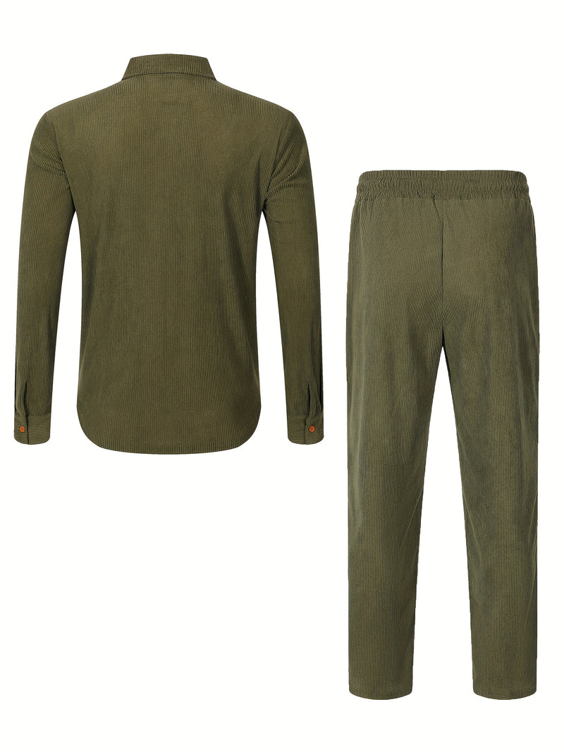 Men'S Casual Two-Piece Set - Olive Green Corduroy  Shirt & Pants.