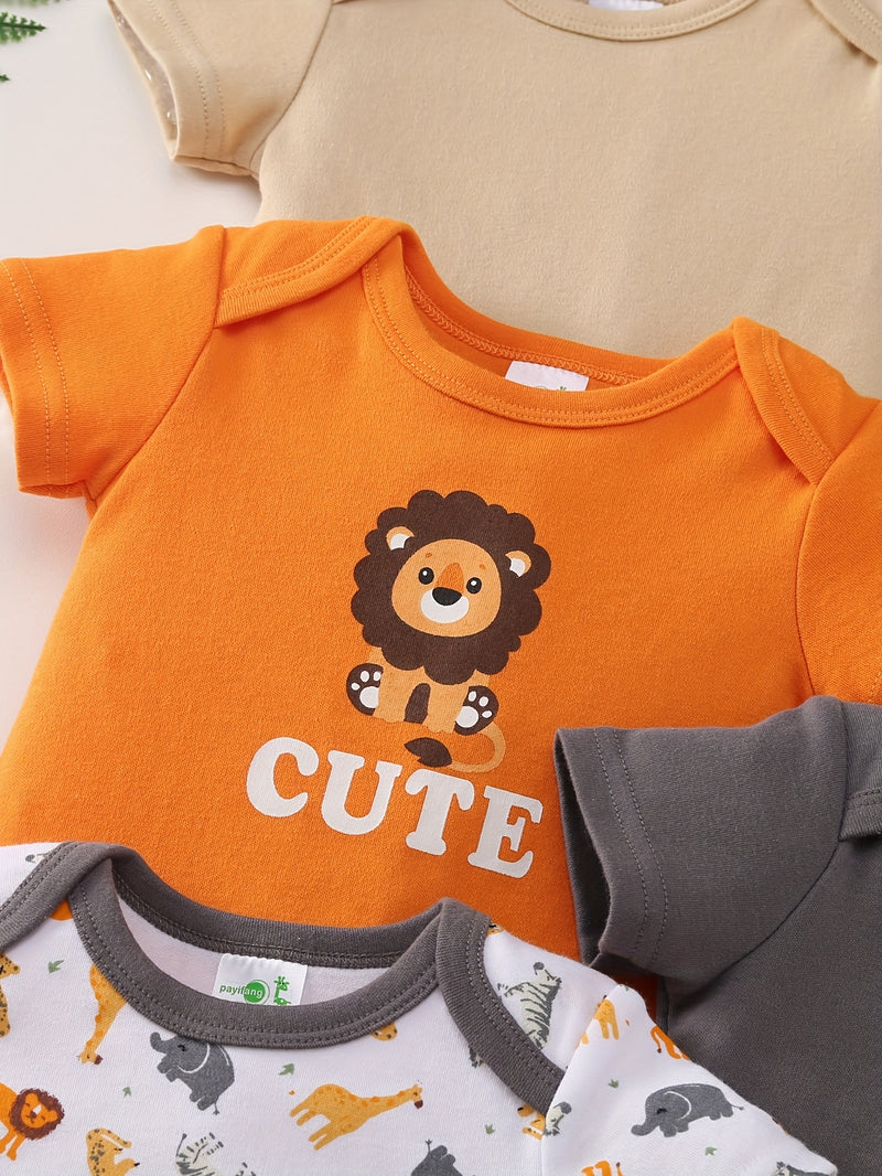 5pcs Set for Baby Boys Featuring a Cartoon Orange Lion Print.