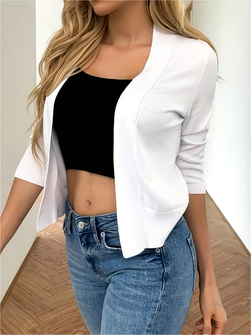 Solid Color Open Front Knit Cardigan, Casual 3/4 Sleeve Top.