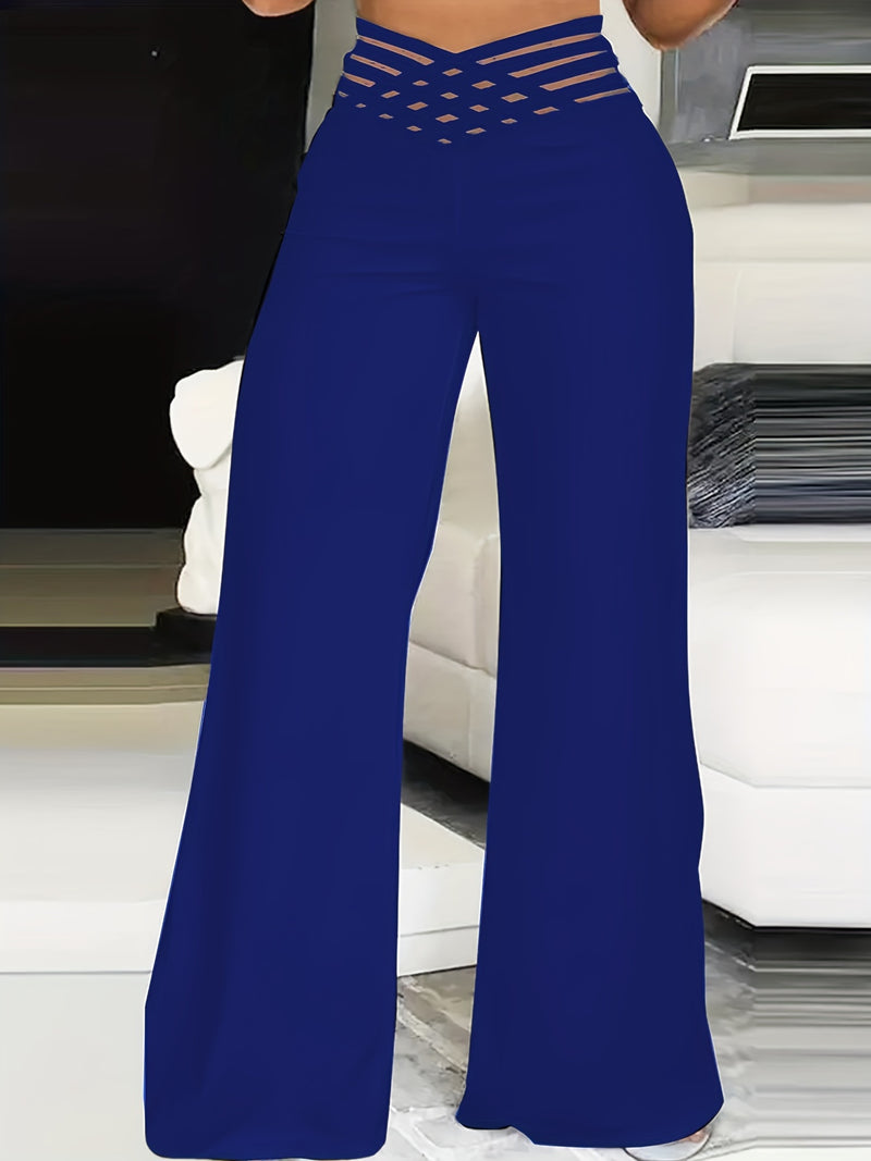 Women’s Solid Color Cross-Over Transparent Mesh Patch High-Waist Pants.