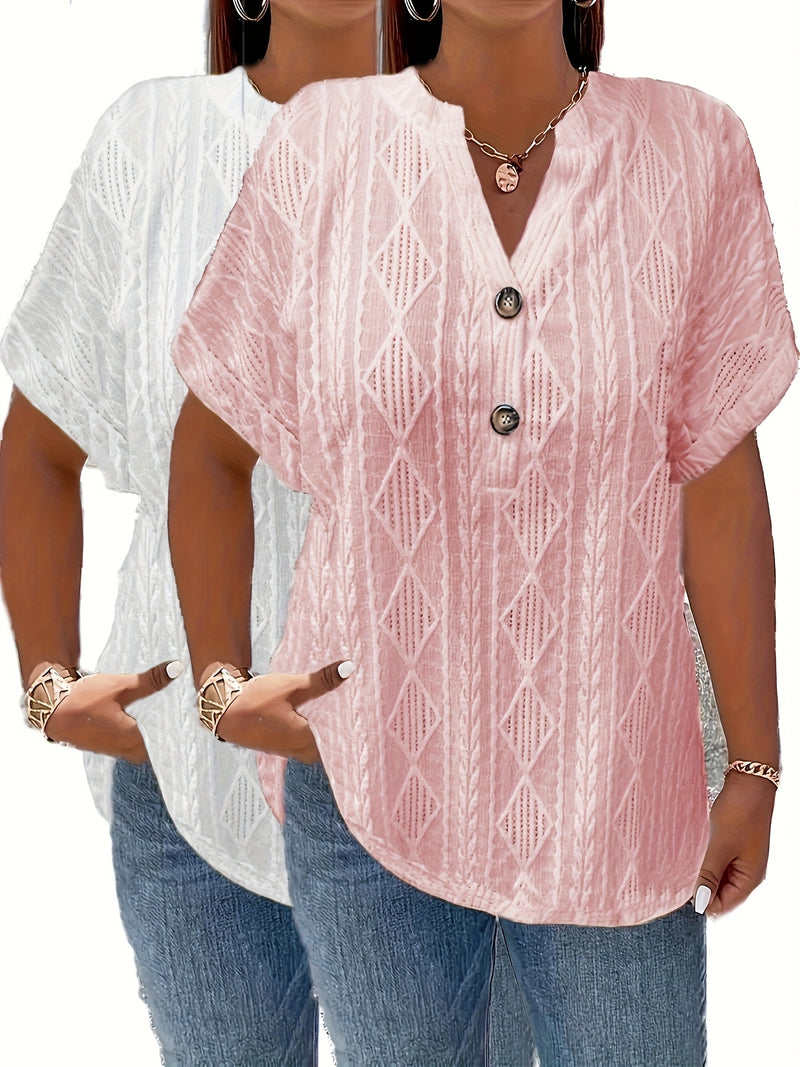 Women's Short-Sleeve V-Neck Solid Color Jacquard Hollow-Out Two-Piece T-Shirt.