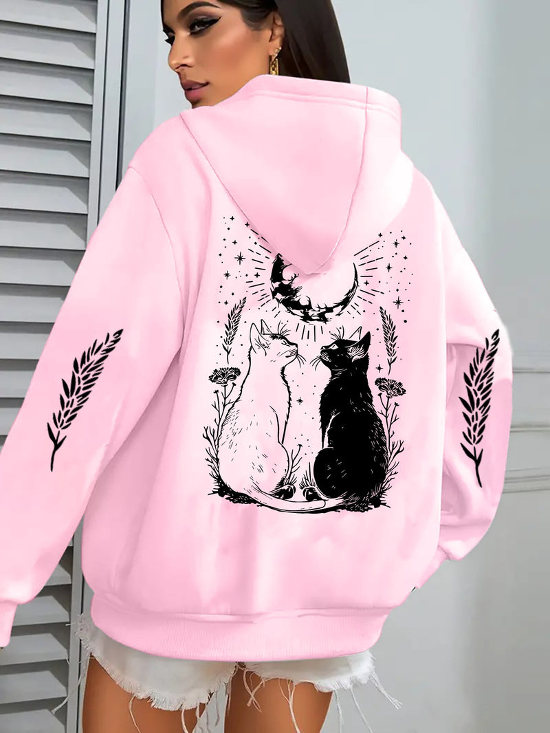 Cat Print Casual Zip-up Hoodie with Pockets.