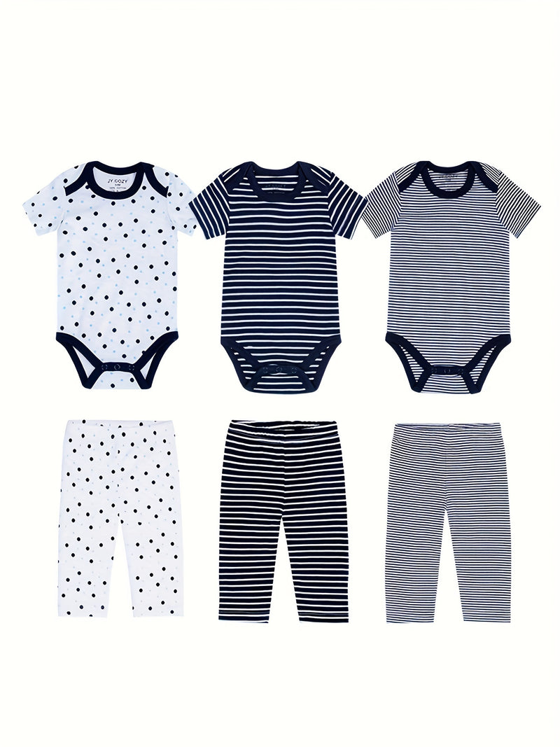 6pcs Baby Bodysuit Set - Soft Short Sleeve Romper and Pants Outfit, 0-12m.