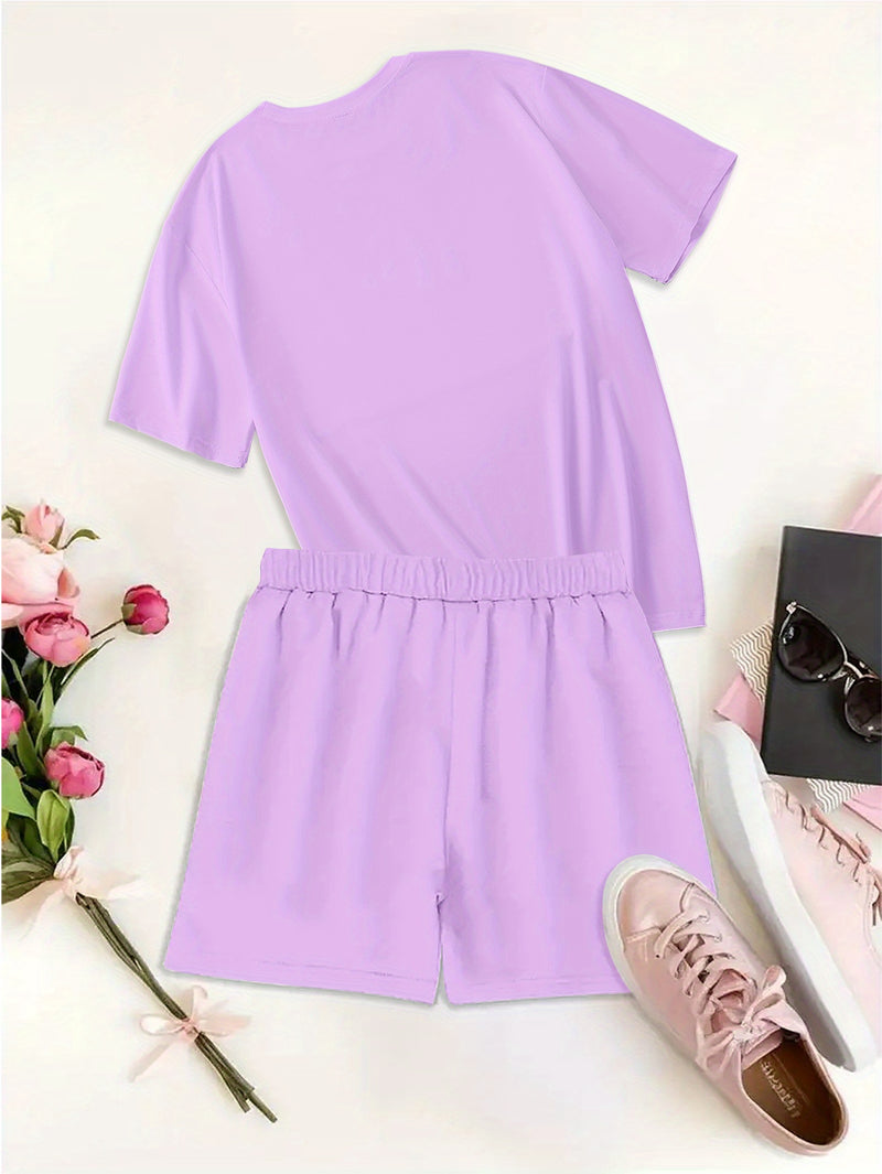 Women's Fashion Cartoon Puppy Print Short Sleeve T-Shirt and Shorts.