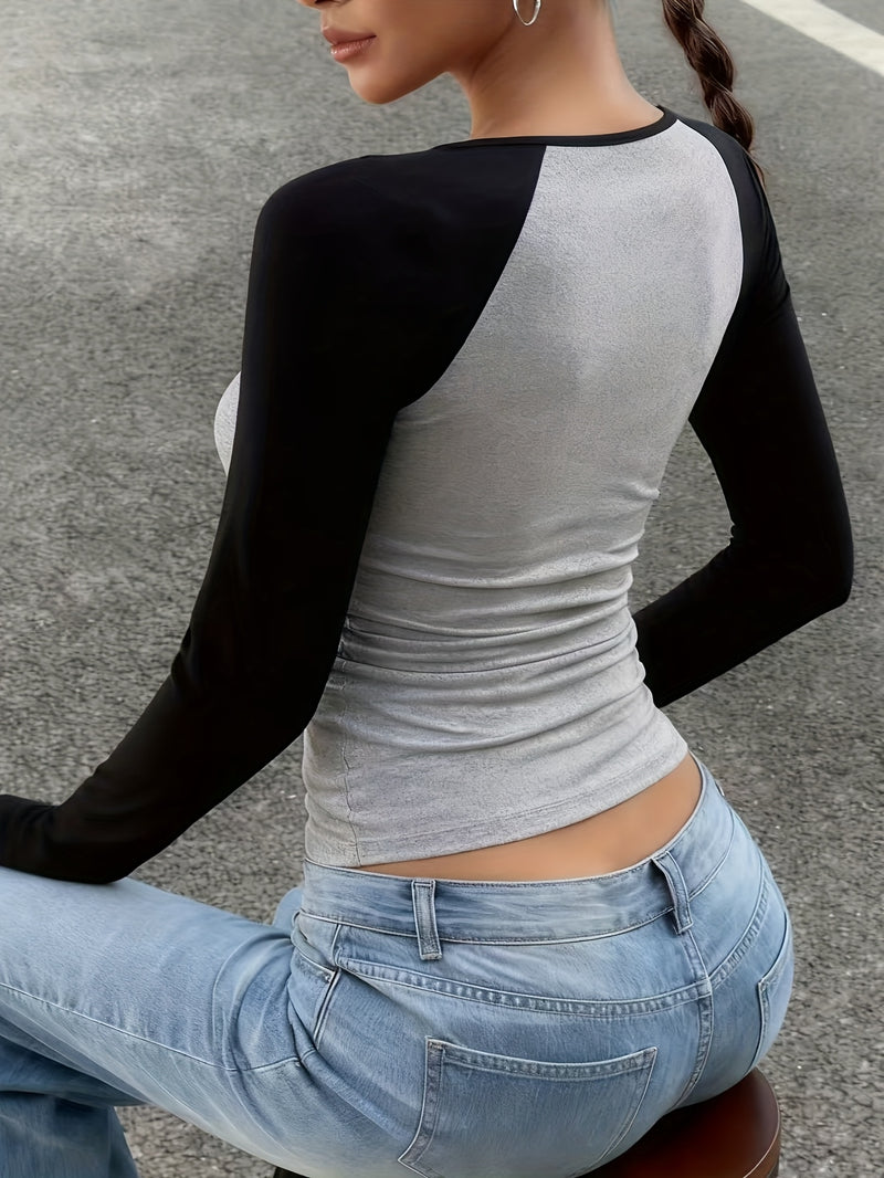 New Women's Versatile Casual Color-Blocked Long-Sleeve T-Shirt.