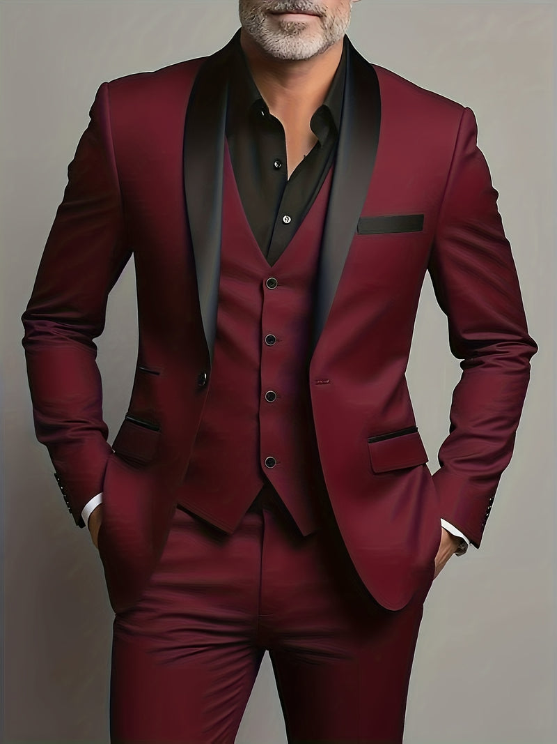 Men's 3pcs Wedding Suit Set - Slim Fit Business Suit Jacket + Single-Breasted Vest.