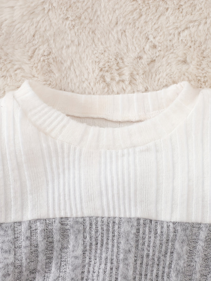 4pcs Children's -lined Color-blocked Irregular Ribbed Long-sleeve and Long-pants.