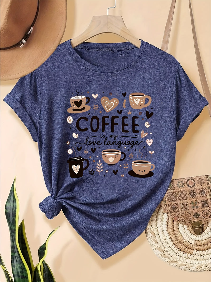 Elegant Women's Short-Sleeve T-Shirt with Coffee-Themed Prints.