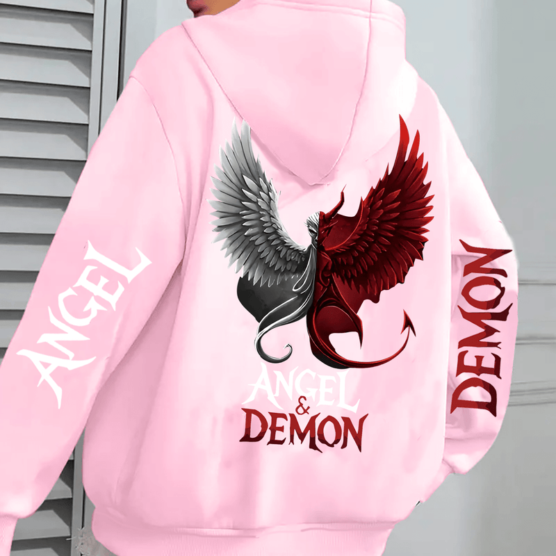Hooded Sweatshirt with Angel and Demon Print.