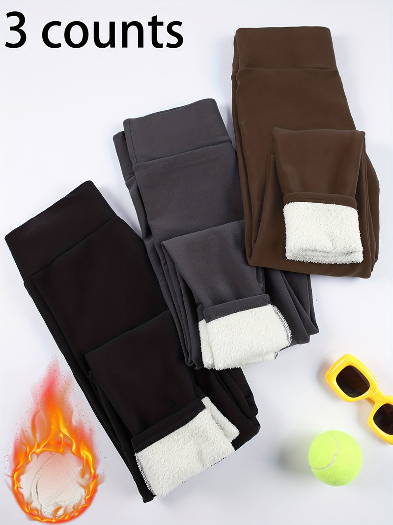 3pcs -Lined Solid Color Skin-Tight Leggings, Autumn/Winter.