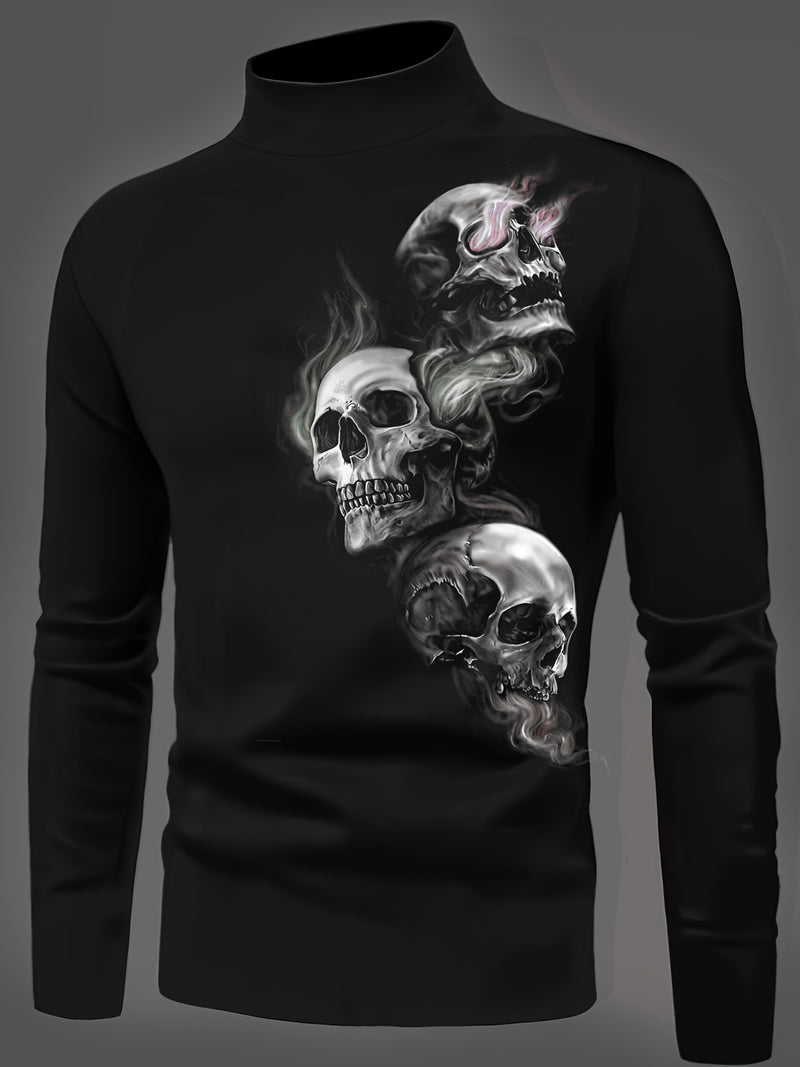 Men's Fall Three Skull Print Casual Comfort Long Sleeve Crew Neck T-Shirt.