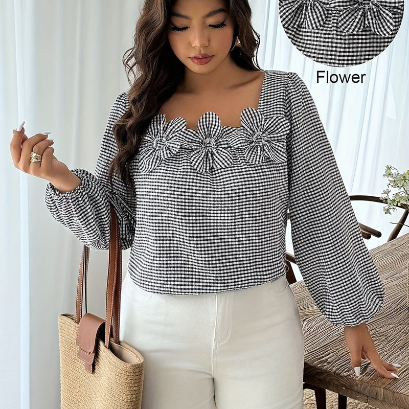 Plus Size Checkered Floral 3D Decorative Long Sleeve Women's Autumn Shirt.