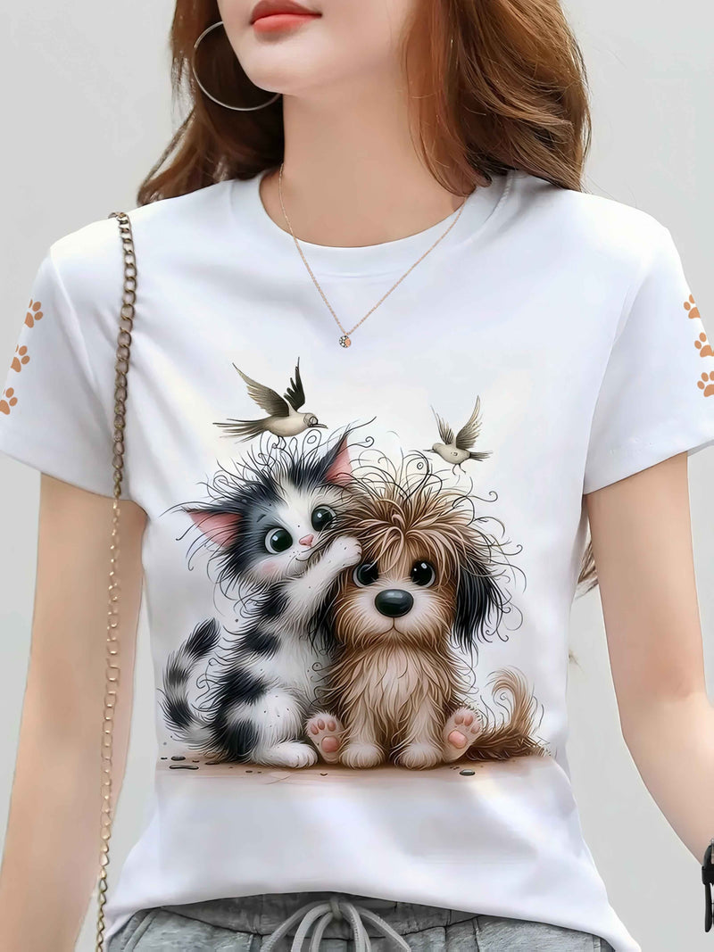 Women's Cute Pet Lover T-Shirt - Dog & Print Short Sleeve Crew Neck Top.