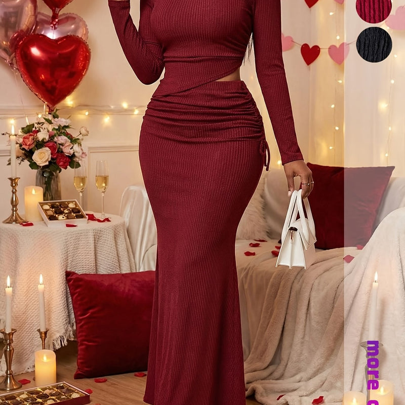 Women's 2pcs Long Sleeve V-Neck Top + Mid-Length Waist-Cinching Side-Tie.