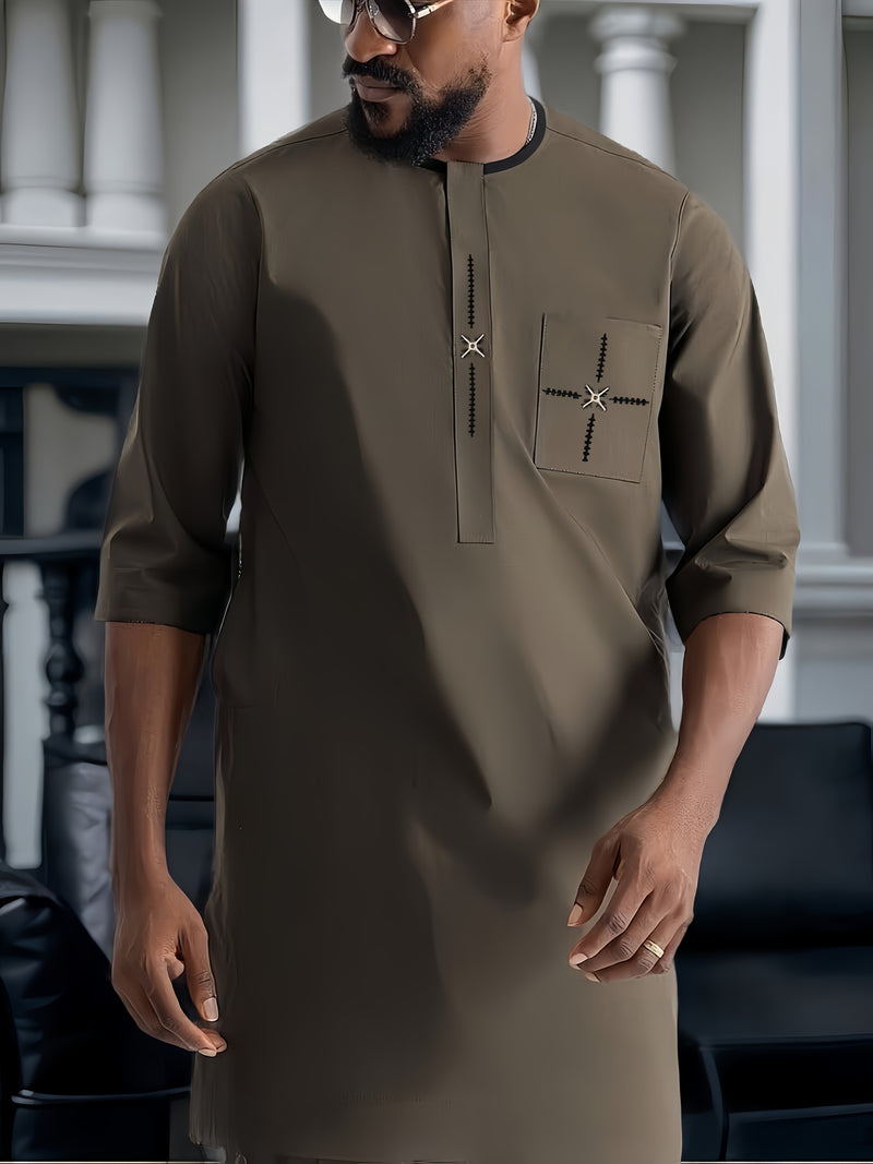 Men'S Classic Embroidered Suit, Summer Mid-Sleeve Top.