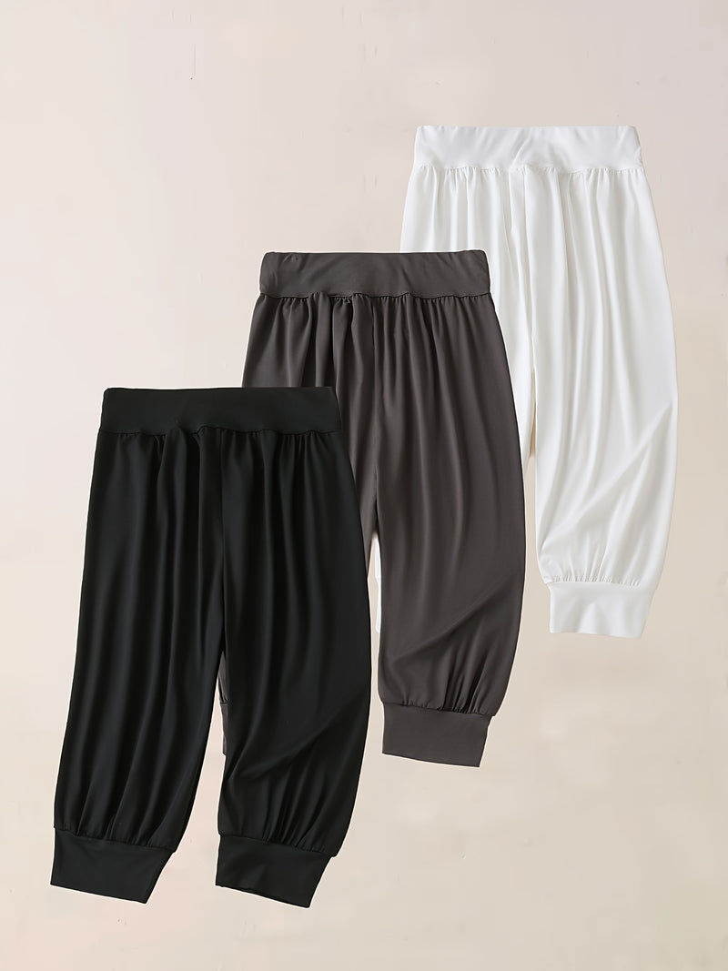 3pcs Women's 7/8 Harem Pants - Casual Stretch Polyester.