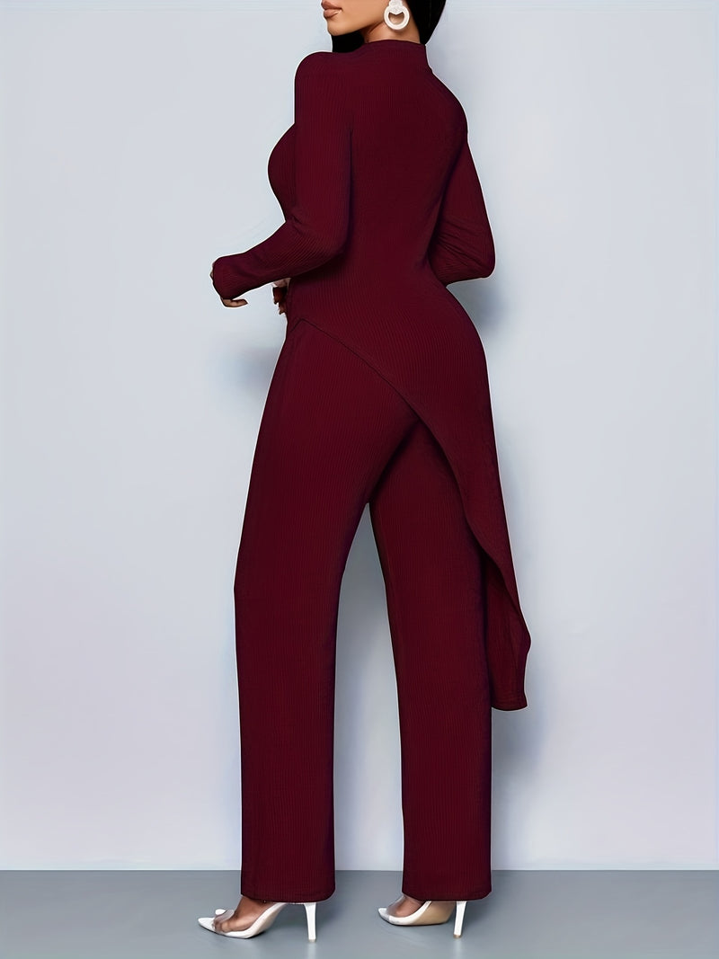 Women's Elegant Solid Color Fleece Ribbed Asymmetric Hem Top Paired with Flared Pants.
