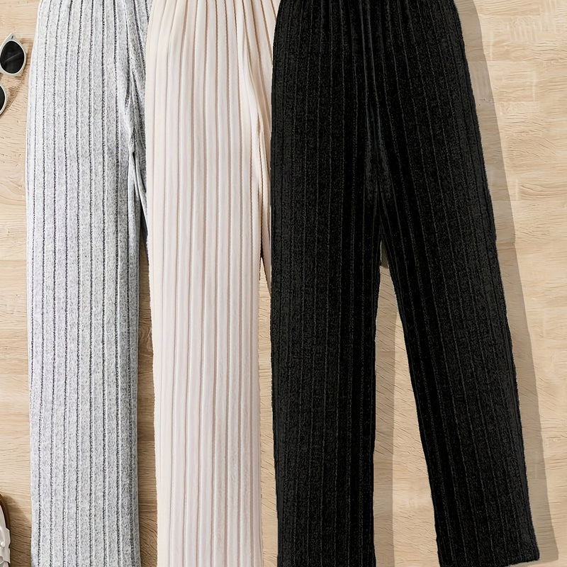 3pcs Set of Solid Color Comfortable Ribbed Straight-Leg CasualnPants for Women.