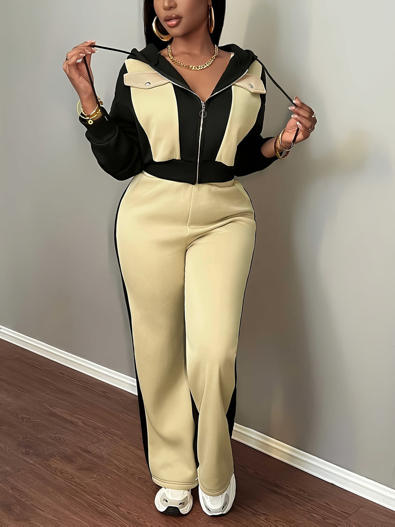 Women’s Fashion Color Block Hooded Sweatshirt and Pants Set.