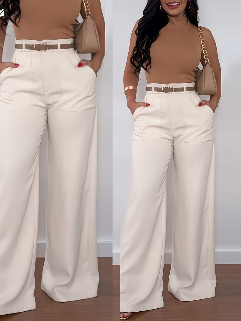 Women's Long Pants, Solid Color High-Waisted Wide-Leg Casual Elegant.