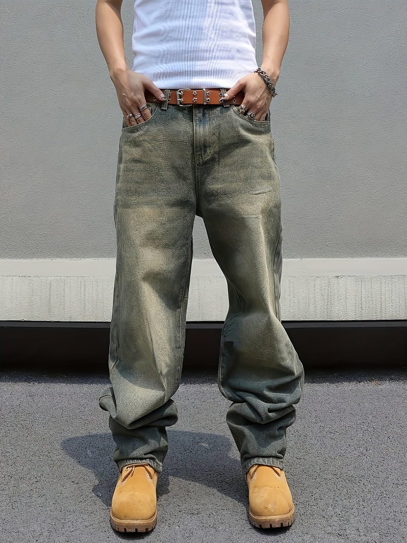 Men's Black Wide-Leg Loose-Fitting Jeans That Drag on The Ground.