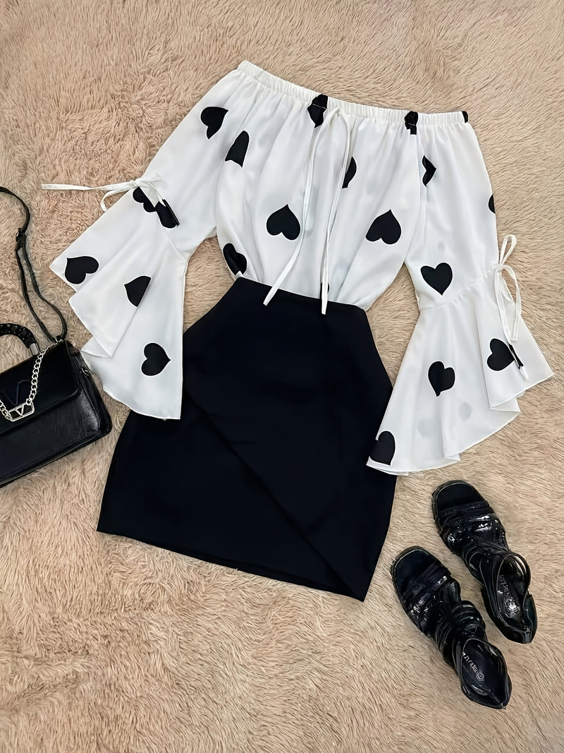 Women’s Featuring a Heart Print Off-Shoulder Top with Flared Sleeves And a Fitted Short.