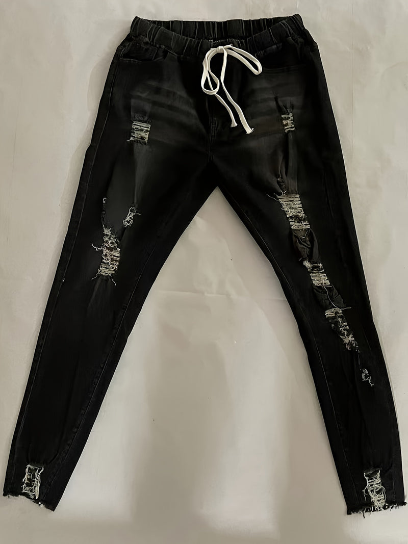 Women's Stretchy High-Waisted Ripped Denim Jeans.