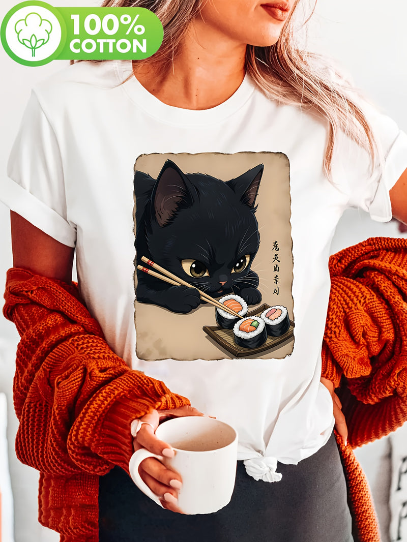 Cat Eating Sushi print t-shirt, short sleeve crew neck casual top for Women.