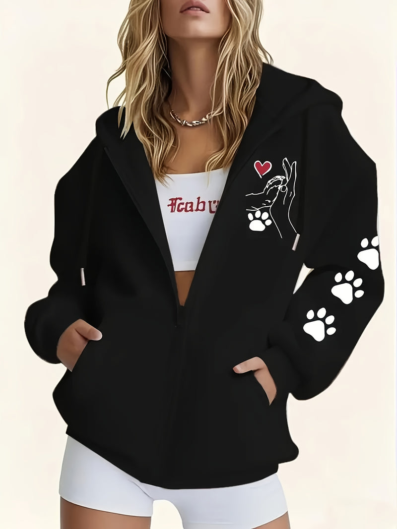 Women's Casual Zip-Up Hoodie with Printed Bear Paw Sleeve Design.