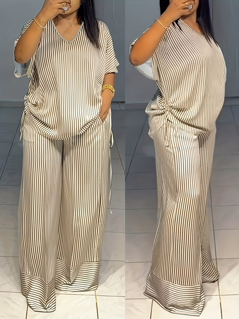 Women's New Casual Loose V-Neck Striped Short Sleeve Top and Wide Leg Pants.