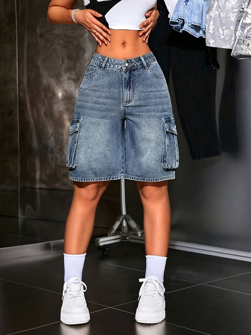 Women's Summer Blue Stretchy Multi-Pocket Casual Bermuda Denim Shorts.